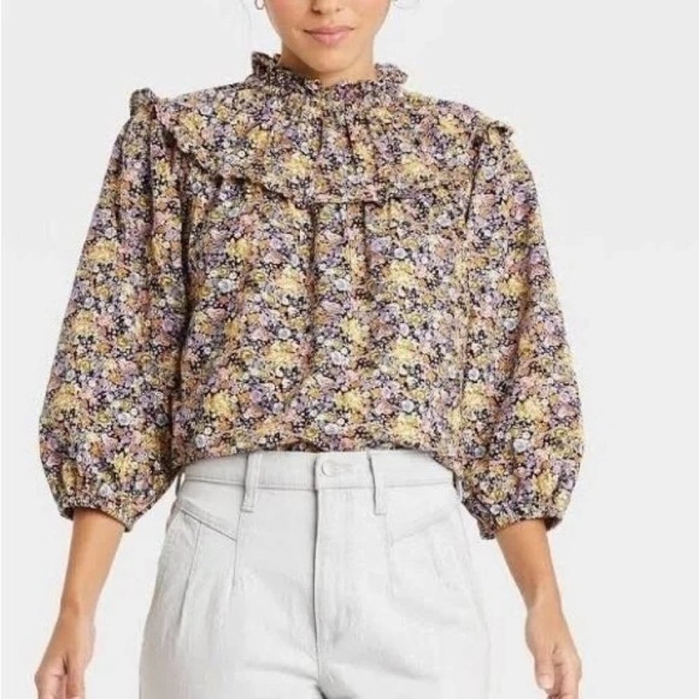 Universal Thread Floral 3/4 Balloon Sleeve Top Size Small